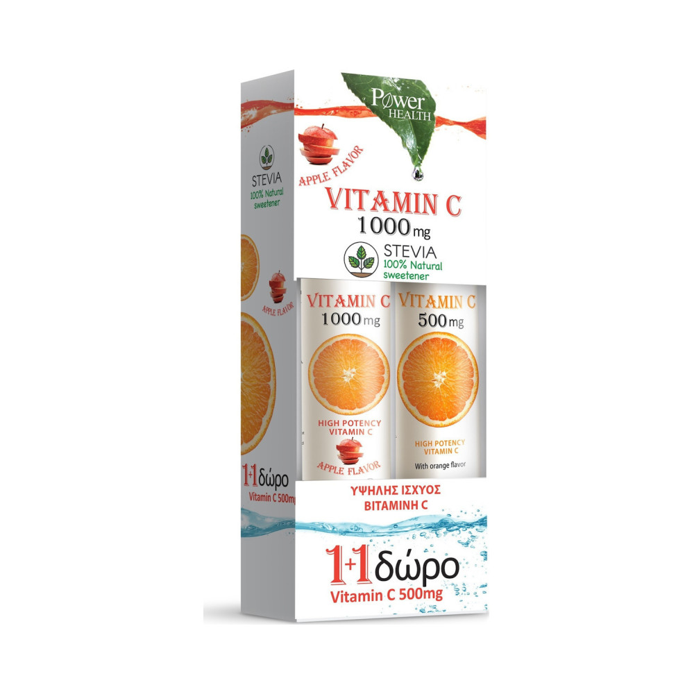 Power Health Vitamin C 1000mg Apple Stevia + Vitamin C 500mg Orange Βιταμίνη για Ενέργεια & το Ανοσοποιητικό 500mg Πορτοκάλι 44 αναβράζοντα δισκία - Image 1